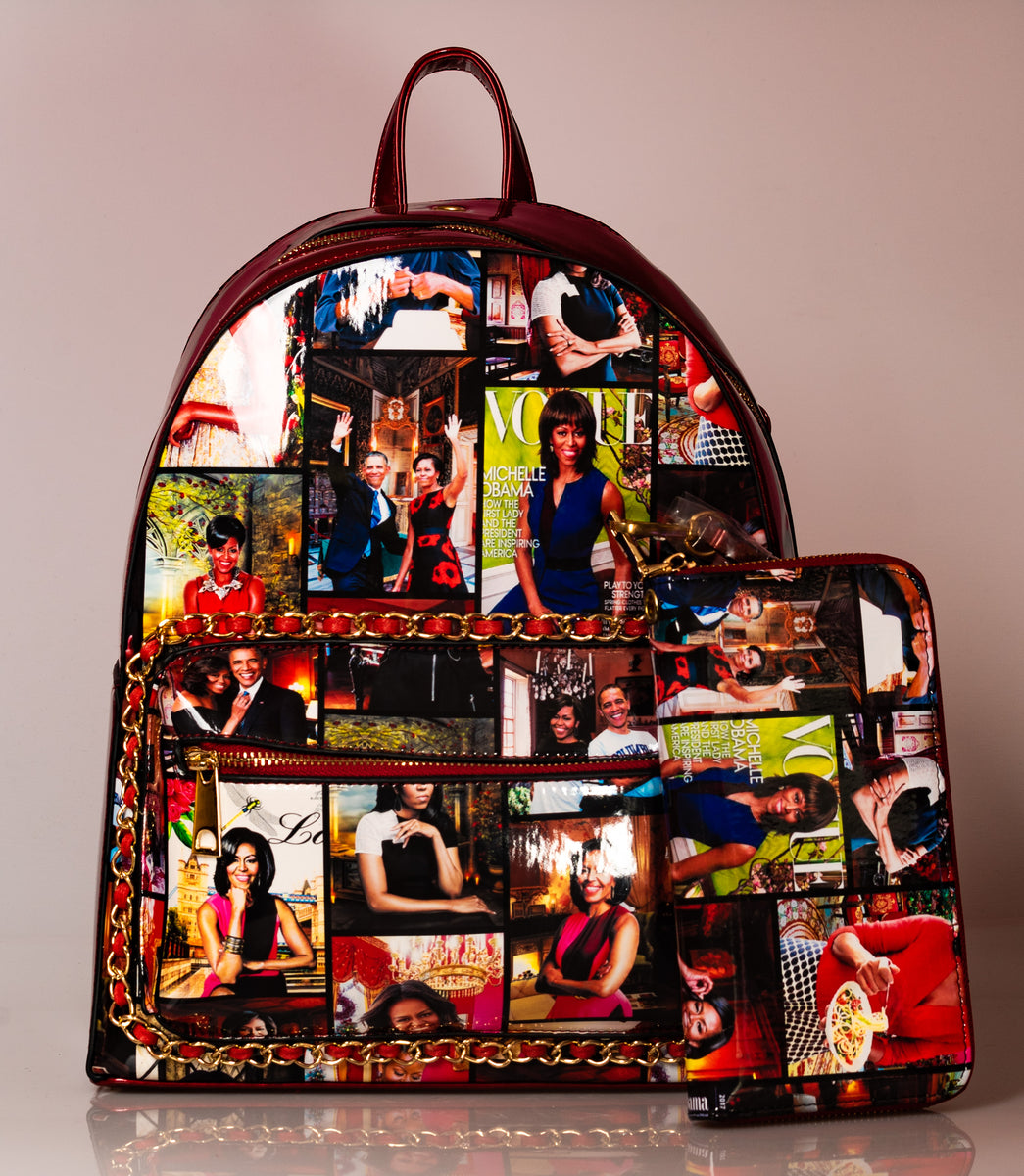 Burgundy Michelle Obama Print Backpack With Wallet
