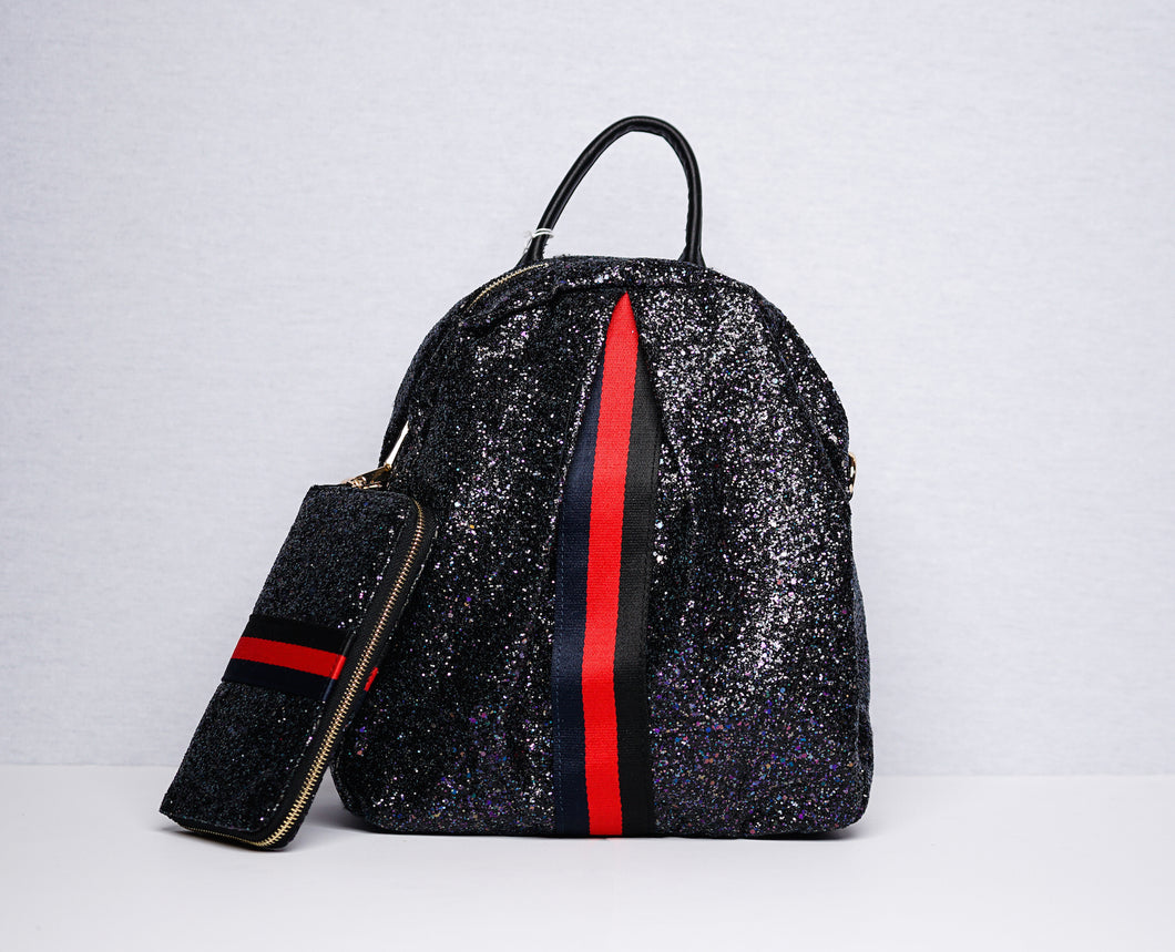 Black Glitter Backpack With Wallet