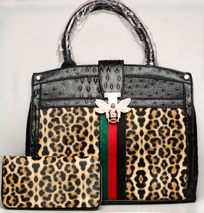 Ostrich Croc Leopard Handbag With Wallet (Colors: Dark Grey, Olive, Brown, Red)