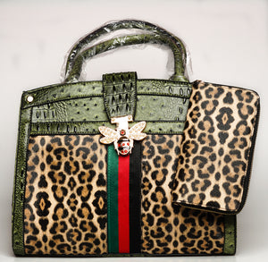 Ostrich Croc Leopard Handbag With Wallet (Colors: Dark Grey, Olive, Brown, Red)
