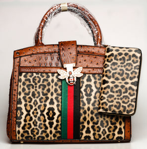 Ostrich Croc Leopard Handbag With Wallet (Colors: Dark Grey, Olive, Brown, Red)