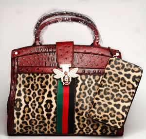 Ostrich Croc Leopard Handbag With Wallet (Colors: Dark Grey, Olive, Brown, Red)